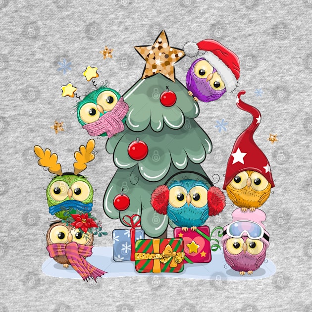 Cute Christmas tree with little colorful owls sitting on it by Reginast777